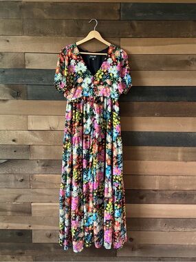 Sugar Lip Floral Tiered Maxi Dress Puff Sleeve Button Front Size Small